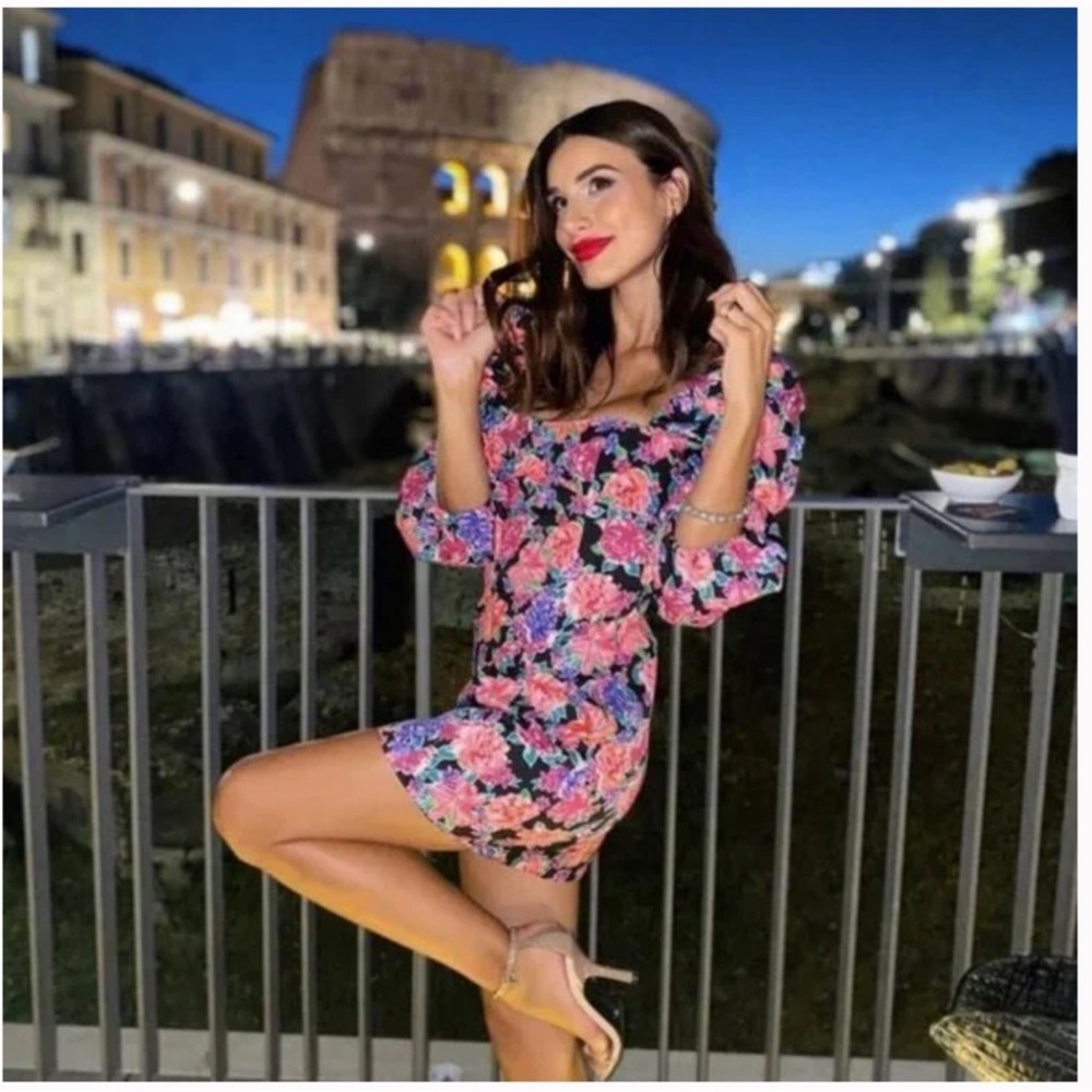 Zara XS Floral Puff Sleeve Mini Dress